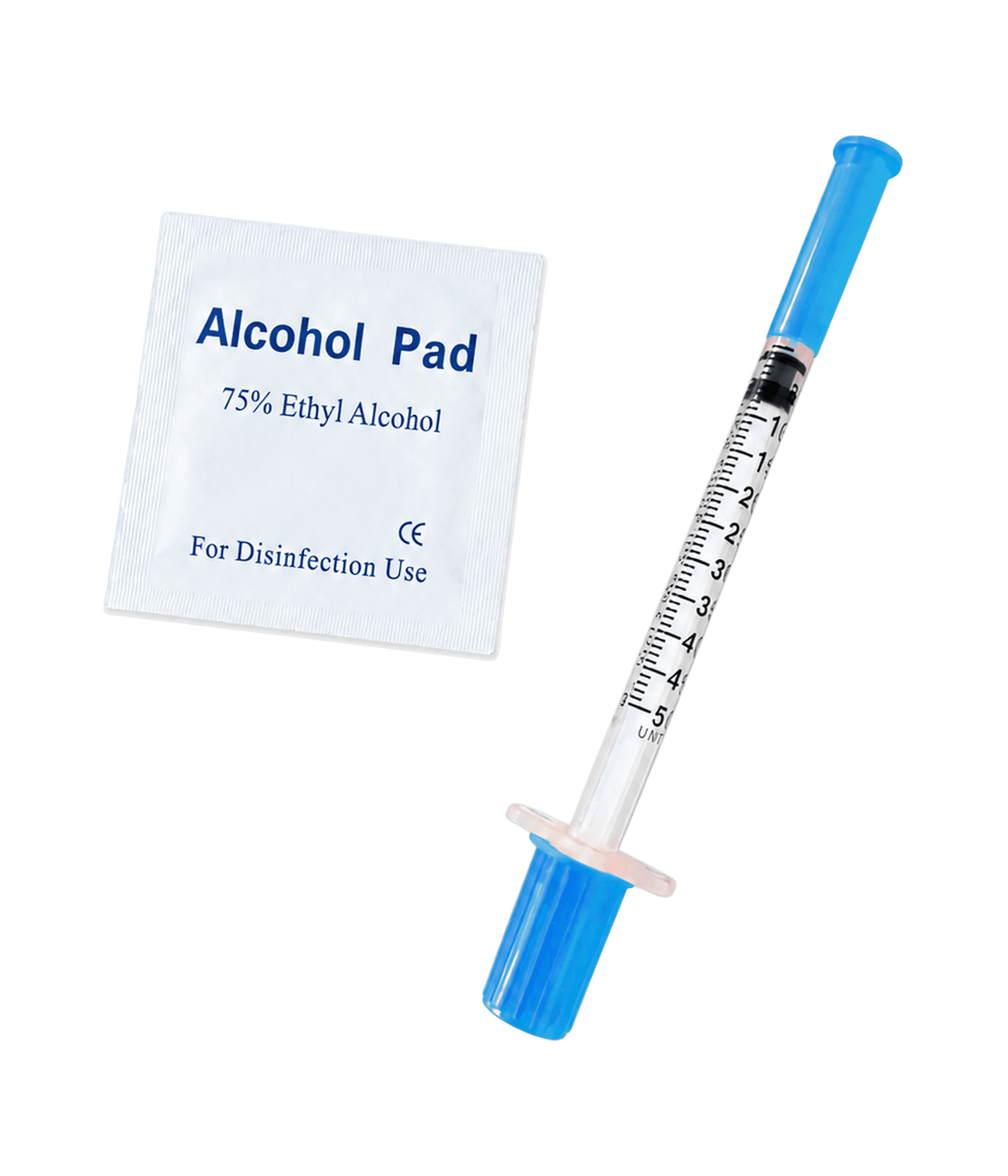 Comfort research syringe (blue) with alcohol pad